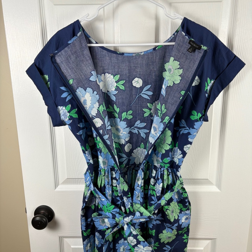 Talbots Floral Cotton Midi Dress 8 Blue Green Fit Flare Pockets Garden Party - Picture 7 of 7